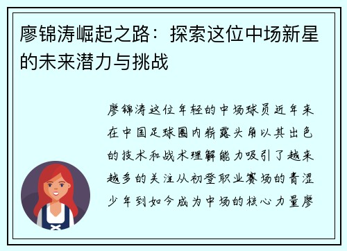 廖锦涛崛起之路：探索这位中场新星的未来潜力与挑战